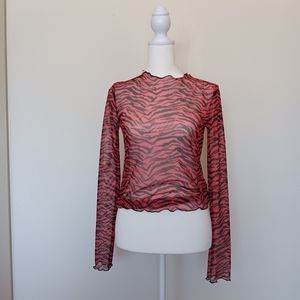 red lettuce hem zebra print mesh long sleeve top